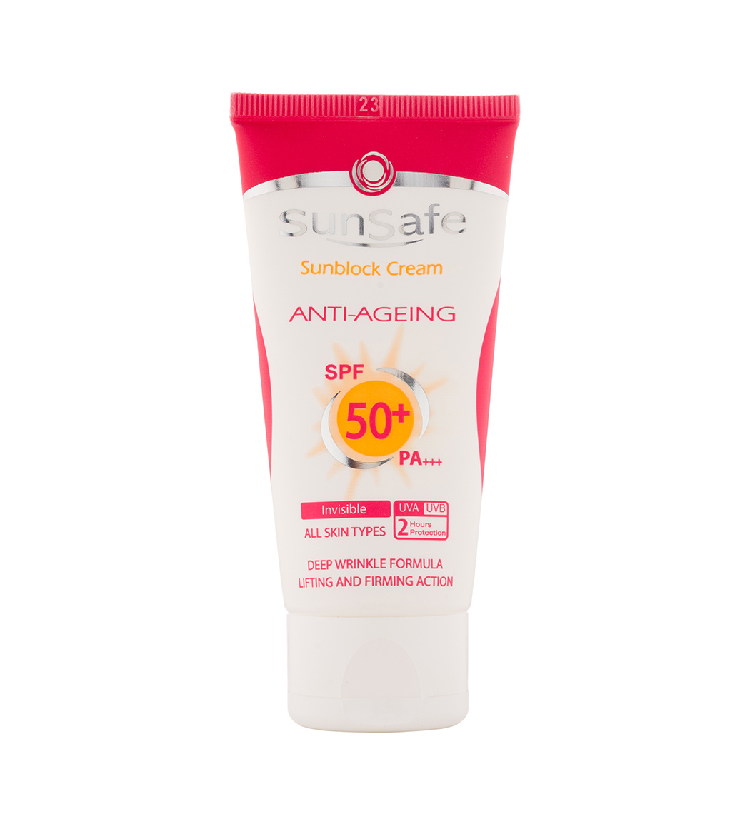 sunsafe-anti-ageing-sunblock-cream-spf50-khanoumi-3-20231126171446163.jpg کرم ضد آفتاب و ضد چروک فاقد رنگ spf50 - تصویر 1
