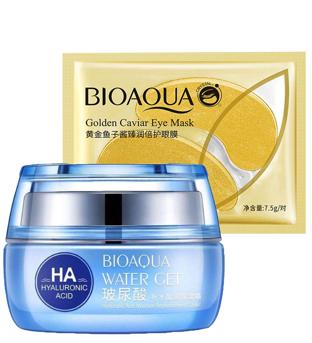 کرم مرطوب کننده هیالورونیک اسید و ماسک ورقه ای زیر چشم خاویار طلایی بسته 2 عددی بیوآکوا کرم مرطوب کننده هیالورونیک اسید و ماسک ورقه ای زیر چشم خاویار طلایی بسته 2 عددی بیوآکوا